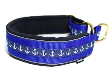 Hundehalsband Zugstopp reflektierend breit Borte Webband marine Anker königsblau schwarz Messing